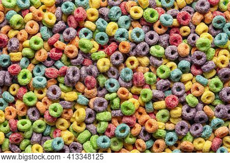 Multicolored Cereals, Full-frame, Flat Lay. Top View Of Colorful Breakfast Cereals. Background Of Mu