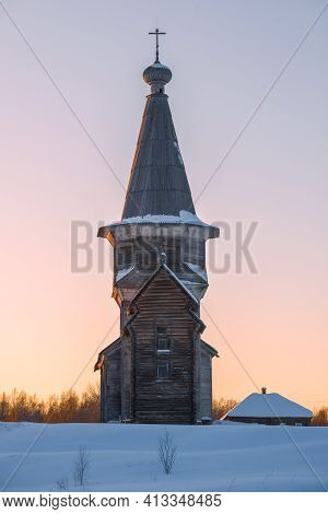 The Old Wooden Church Of Elijah The Prophet Against The Setting Sky On A February Evening. Saminsky 