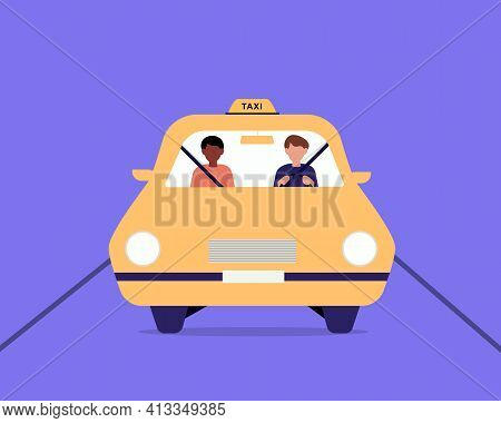 Taxi Driver And Passenger Sitting In Front Seat In Cab. A Front View Of A Taxi Cab, Driver And Passe