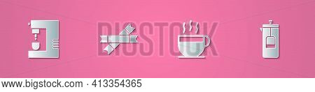 Set Paper Cut Coffee Machine, Sugar Stick Packets, Cup And French Press Icon. Paper Art Style. Vecto