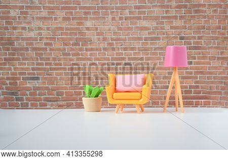 Living Room Space  With  Items Sofa, Lamp, Pot And Chair On White Foor With Background Brown Brixk W