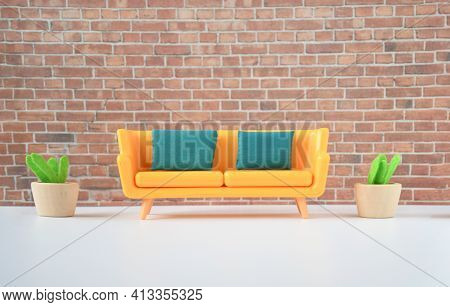 Living Room Space  With  Items Sofa, Pot And Chair On White Foor With Background Brown Brixk Wall Wi