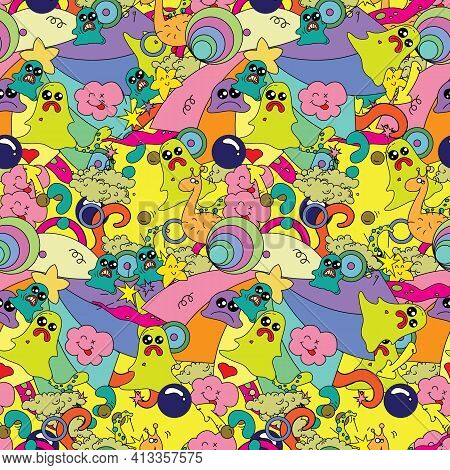 Seamless Multicolored Pattern With Cute Monster Cases.