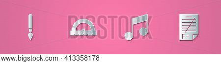 Set Paper Cut Paint Brush, Protractor, Music Note, Tone And Exam Paper With Incorrect Answers Icon. 