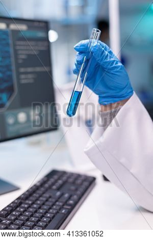 Closeup Of Test Tubes For Science Experiment. Research Of Medical Scientist Chemist Doctor Discovery