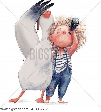 Curly Cute Girl With An Albatross And Tube