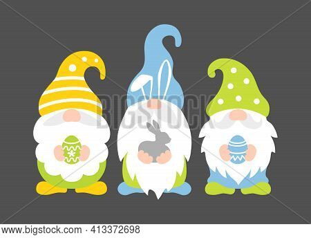 Easter Gnomes Holding Bunny And Eggs. Vector.