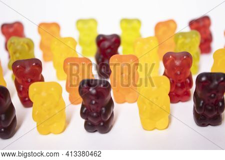 Colourful Sweet Gummy Bears Isolated On White Background.