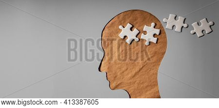 Memory Loss From Dementia Or Alzheimer Disease Concept. Brain Function Decline. Old Wrinkled Skin Fa