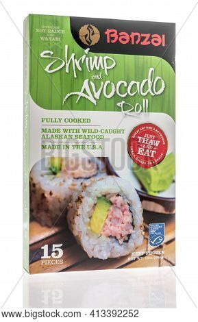 Winneconne, Wi - 19 March 2021: A Package Of Banzai Shrimp And Avocado Roll On An Isolated Backgroun