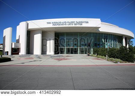 Long Beach, California USA - March 16, 2021: The Richard and Karen Carpenter Performing Arts Center at California State University Long Beach. Editorial Use Only.