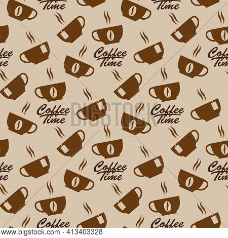 Seamless Pattern For Coffee Cups And Coffee Time Writing For The Coffee Shop Background. Decoration 