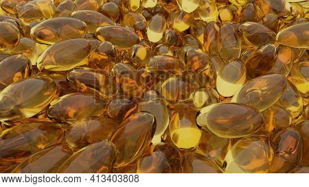 Overhead Shot Of Many Yellow Soft Capsules Or Gelcaps That Are Used For Medicines, Dietary Supplemen