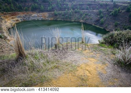 Lake In Abandoned Open Pit Mine Of North Mathiatis, Cyprus. This Area Is Rich With Copper And Sulphi