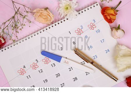 Periods Calendar For Checking Menstruation Days On Stone Background. Medical, Healthcare, Gynecologi