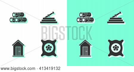 Set Pack Full Of Seeds Of Plant, Wooden Logs, Farm House And Garden Hose Or Fire Hose Icon. Vector