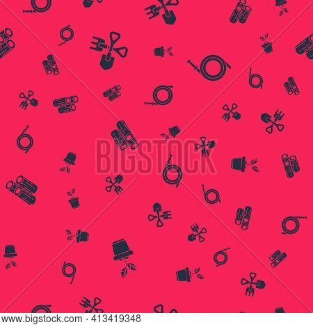 Set Plant In Pot, Shovel And Rake, Wooden Logs And Garden Hose Or Fire Hose On Seamless Pattern. Vec