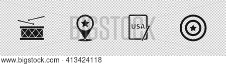 Set Drum And Drum Sticks, Usa Independence Day, On Graphic Tablet And American Star Shield Icon. Vec