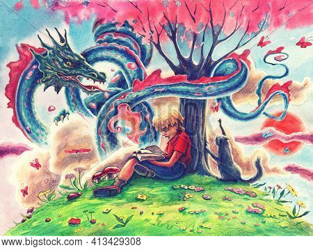 Watercolor Painting Art With Fantasy Japanese Dragon, Reading Boy And Magic Tree Over Clouds. Hand D