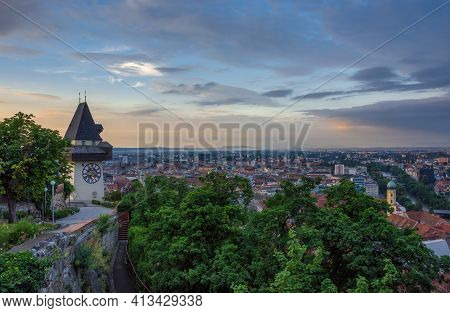 Cityscape Of Graz And The Famous Clock Tower (grazer Uhrturm) On Shlossberg Hill, Graz, Styria Regio