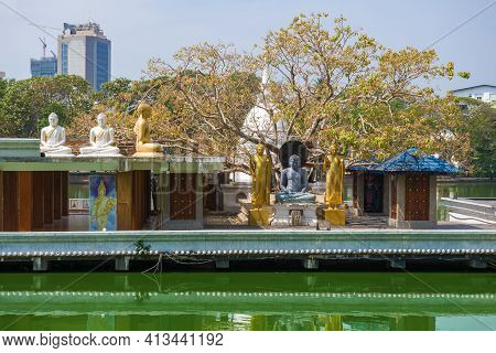 Colombo, Sri Lanka - February 22, 2020: View Of Buddha Statues On The Seema Malakaya Meditation Cent