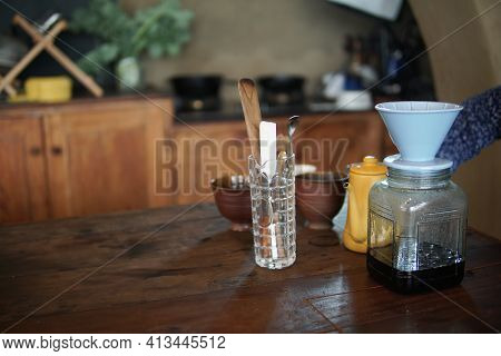 Barista Preparing Brewing Coffee With Coffee Maker And Drip Kettle.