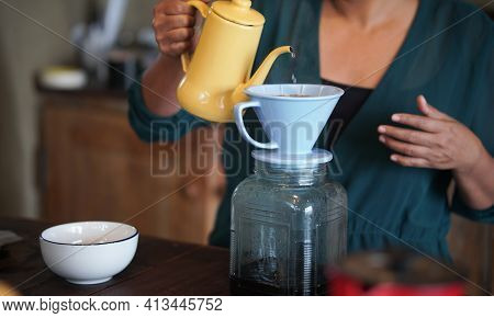 Barista Preparing Brewing Coffee With Coffee Maker And Drip Kettle.
