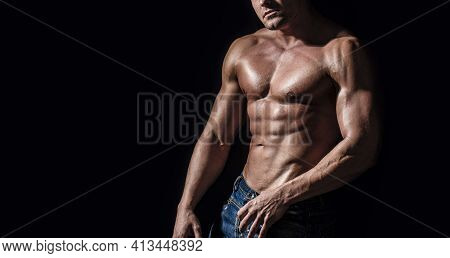 Sexy Naked Torso. Sport Workout Bodybuilding Concep. Muscular Torso And Chest. Isolated On Black Bac