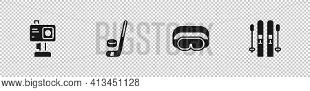 Set Action Camera, Ice Hockey Stick And Puck, Ski Goggles And Sticks Icon. Vector