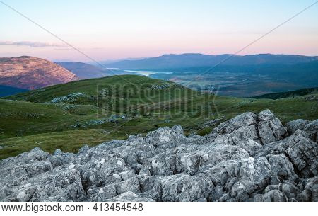 Hiking Trail Mark Painted On Rock. Landscape View From Sinjal Or Dinara (1831 M) Mountain -the Highe