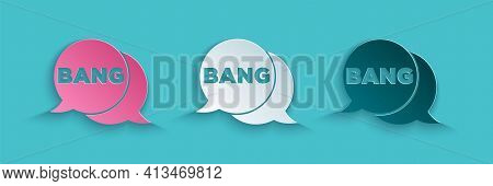 Paper Cut Bang Boom, Gun Comic Text Speech Bubble Balloon Icon Isolated On Blue Background. Paper Ar