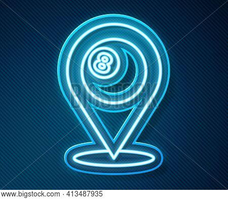 Glowing Neon Line Map Pointer With Billiard Pool Snooker Ball With Number 8 Icon Isolated On Blue Ba