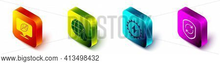 Set Isometric Location With Leaf, Earth Planet In Water Drop, Solar Energy Panel And Recycle Symbol 