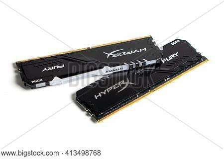 Dnipro. Ukraine. 17 March 2021. Computer Memory Modules Hyperx On The White Background.