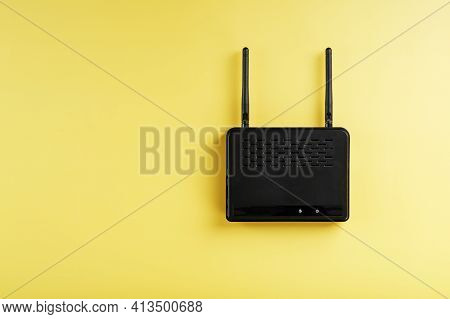 Router Wireless Lan Technology With Devices Based On Ieee 802.11 Standards On A Yellow Background Fr