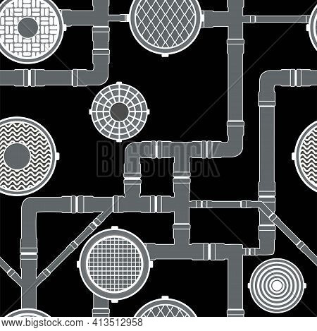 Sewer Seamless Pattern, Pipes And Sewers Black And White Variant