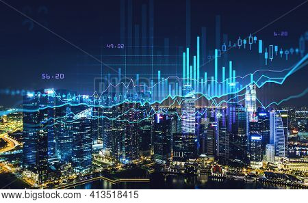 Stock Market Changes, Blue And Violet Business Bar Chart. Double Exposure With Building Skyscrapers 