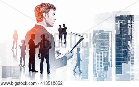 Office Man In Suit With Business Files In Hands, Silhouettes Of Business People, Teamwork. Double Ex