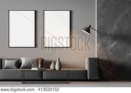Modern Living Room Interior With Arch And Three White Poster On Dark Wall. Grey Sofa With Cushions, 