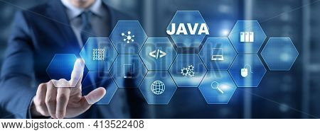 Business Man Pushing On A Touch Screen Interface Java Programming Concept. Virtual Machine