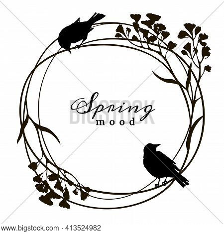 Black Wreath With Silhouette Of Limonium Branches And Birds. Floral Frame.
