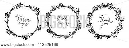 Set Of Floral Frames Of Different Shapes With Black Meadow Herbs, Limonium Branches And Lettering In