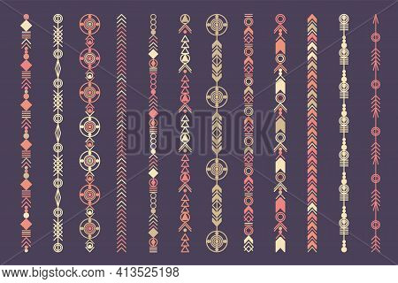 Ethnic Hand Drawn Vector Line Border Set. Boho Fashion Style Pattern. Vector Design Elements.
