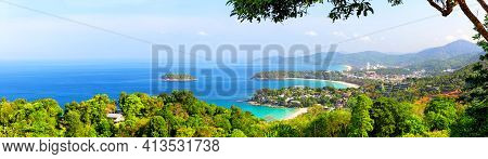 Panoramic View Of Karon Beach, Kata Beach And Kata Noi In Phuket, Thailand. Beautiful Turquoise Sea 