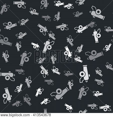 Grey Ramadan Cannon Icon Isolated Seamless Pattern On Black Background. Vector