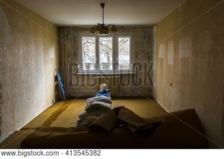 Living Room In An Old Run-down Panel House
