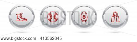 Set Line Sport Boxing Shoes, Baseball Ball, American Football And Expander. Silver Circle Button. Ve
