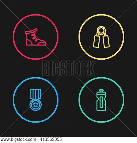 Set Line Medal, Fitness Shaker, Sport Expander And Boxing Shoes Icon. Vector