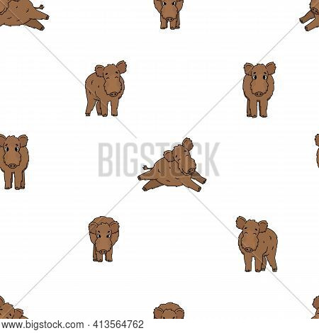 Seamless Pattern Of Brown Vector Outline Cute Cartoon Boar In Different Poses. Fluffy Animal Stand, 