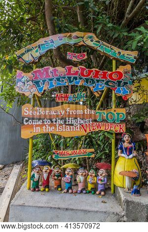 Boracay, Philippines - February 3, 2018: Sign At Mount Luho Viewpoint On Boracay Island, Philippin